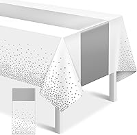 Vista 49 de 3 manteles blancos y plateados para decoración de fiesta, mantel de plástico blanco impreso, mantel rectangular desechable para cumpleaños, boda