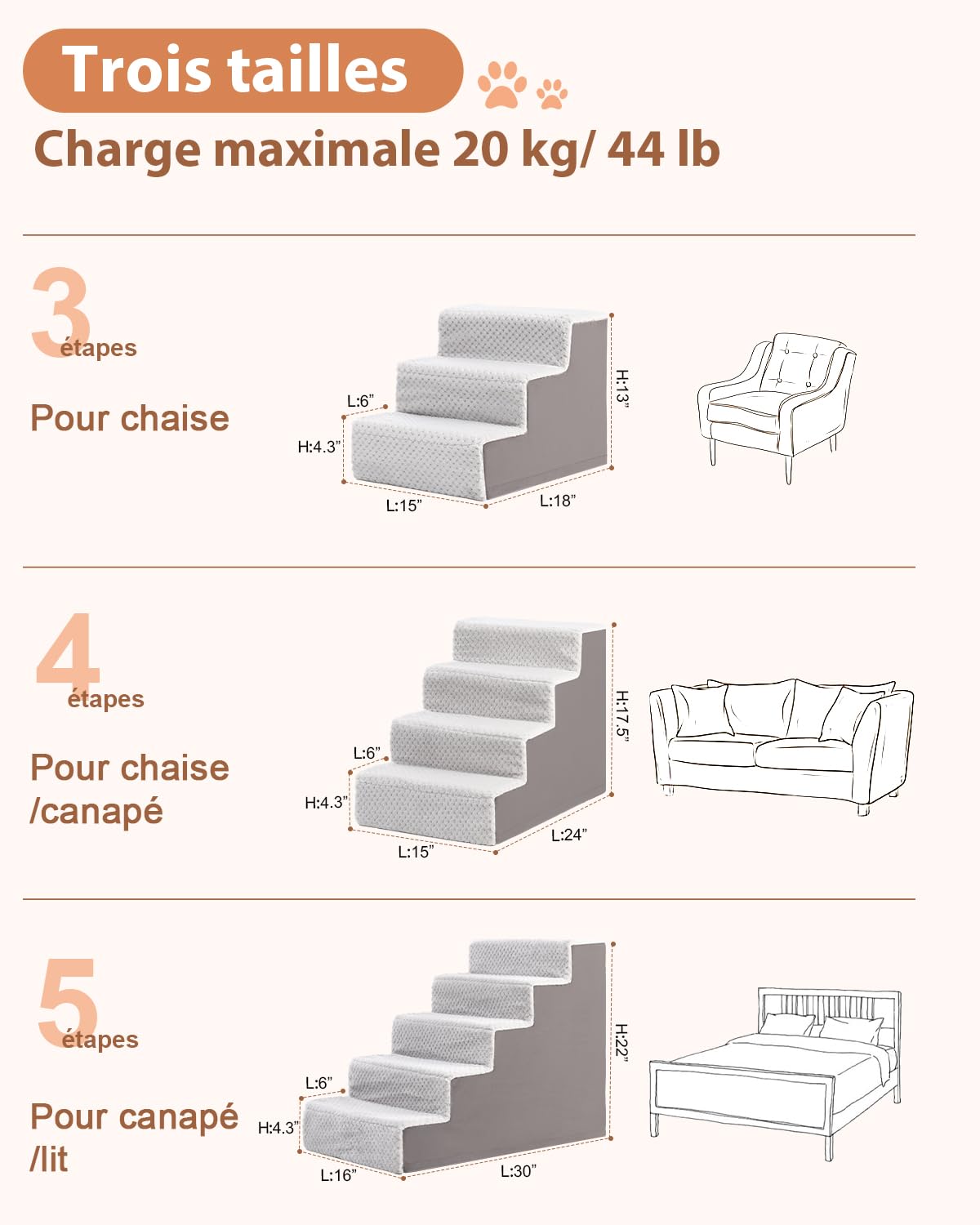 KSIIA Escalier pour Chien Escalier pour Animaux, 4 Marches Amovible et Lavable Escaliers pour Chiens Escalier pour Chat Convient aux Chiens à Pattes Courtes, Chiens âgés, Gris