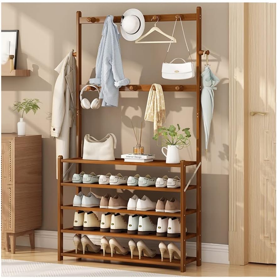 Stylish Wooden Hall Tree Coat Rack with Shoe Storage Shelf - Versatile Clothing Organizer for Hallway & Bedroom - Brown - 90x25x178cm
