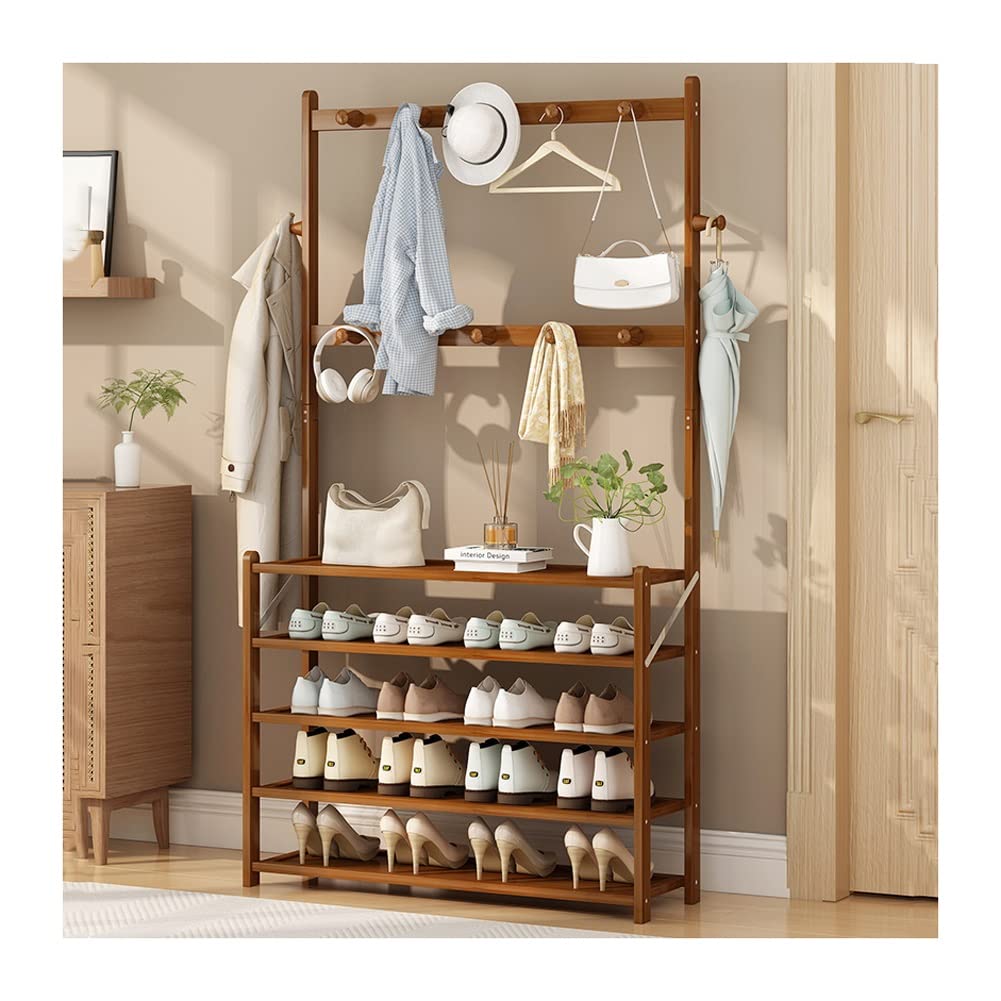 FGXHHS Elegant Wooden Hall Tree Coat Rack with Shoe Storage Shelf - Stylish Clothing Hanger for Entryway, Bedroom & Hallway Brown 50x25x178cm