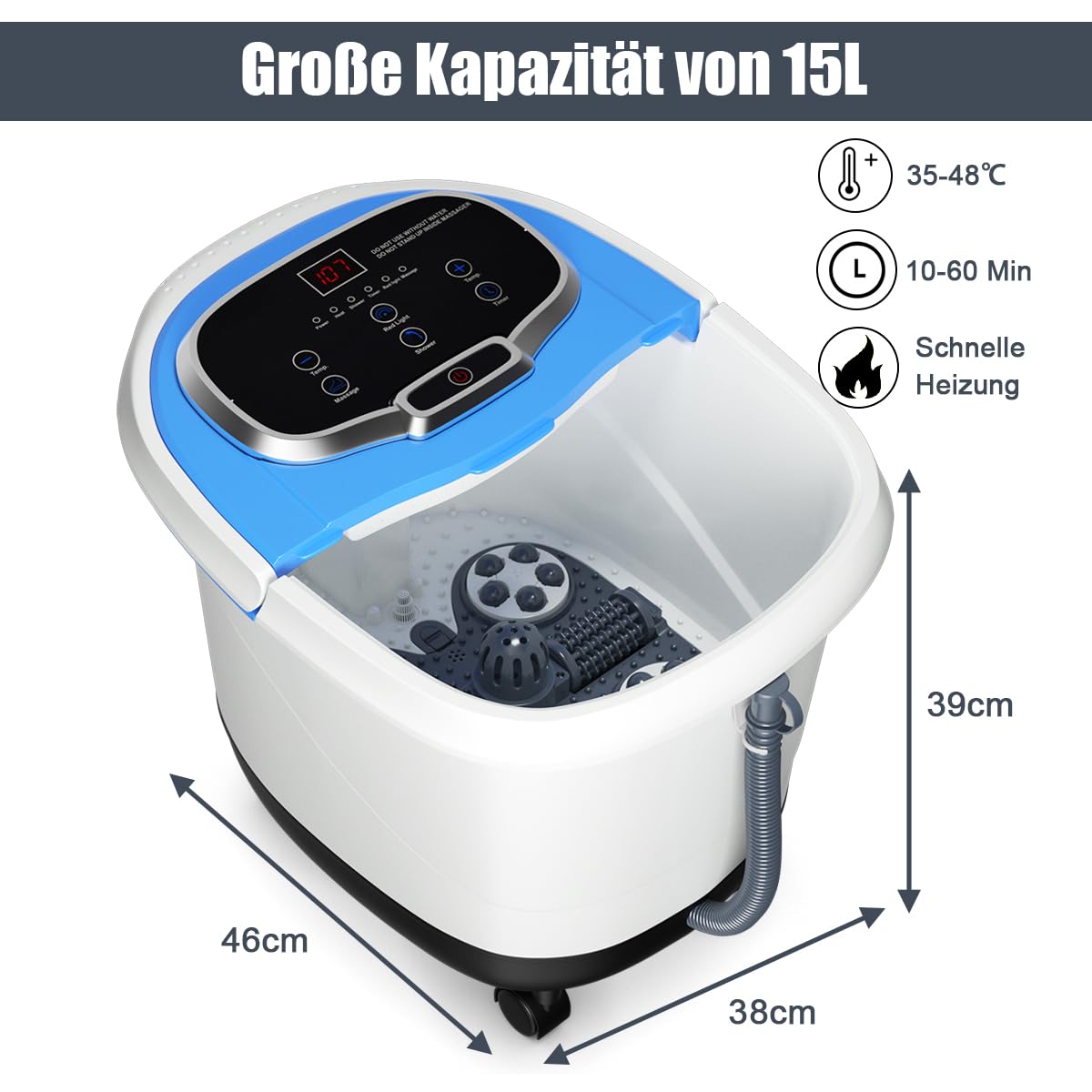 SOARS Fußbad Massagegerät elektrisch, Fußbadewanne mit Abnehmbarer Massagefläche, mobiles Fußmassagegerät mit Heizungs- & Dusch-Funktion, 10-60min Timer, 35-48℃ (Blau)