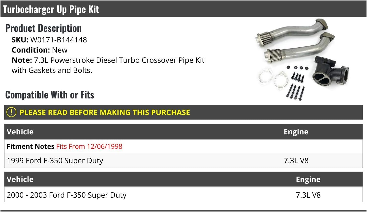Marketplace Auto Parts Turbo Diesel Up Crossover Line Kit - Compatible with 1999-2003 Ford F350 Super Duty 7.3L V8 Turbocharged (From 12/06/1998)
