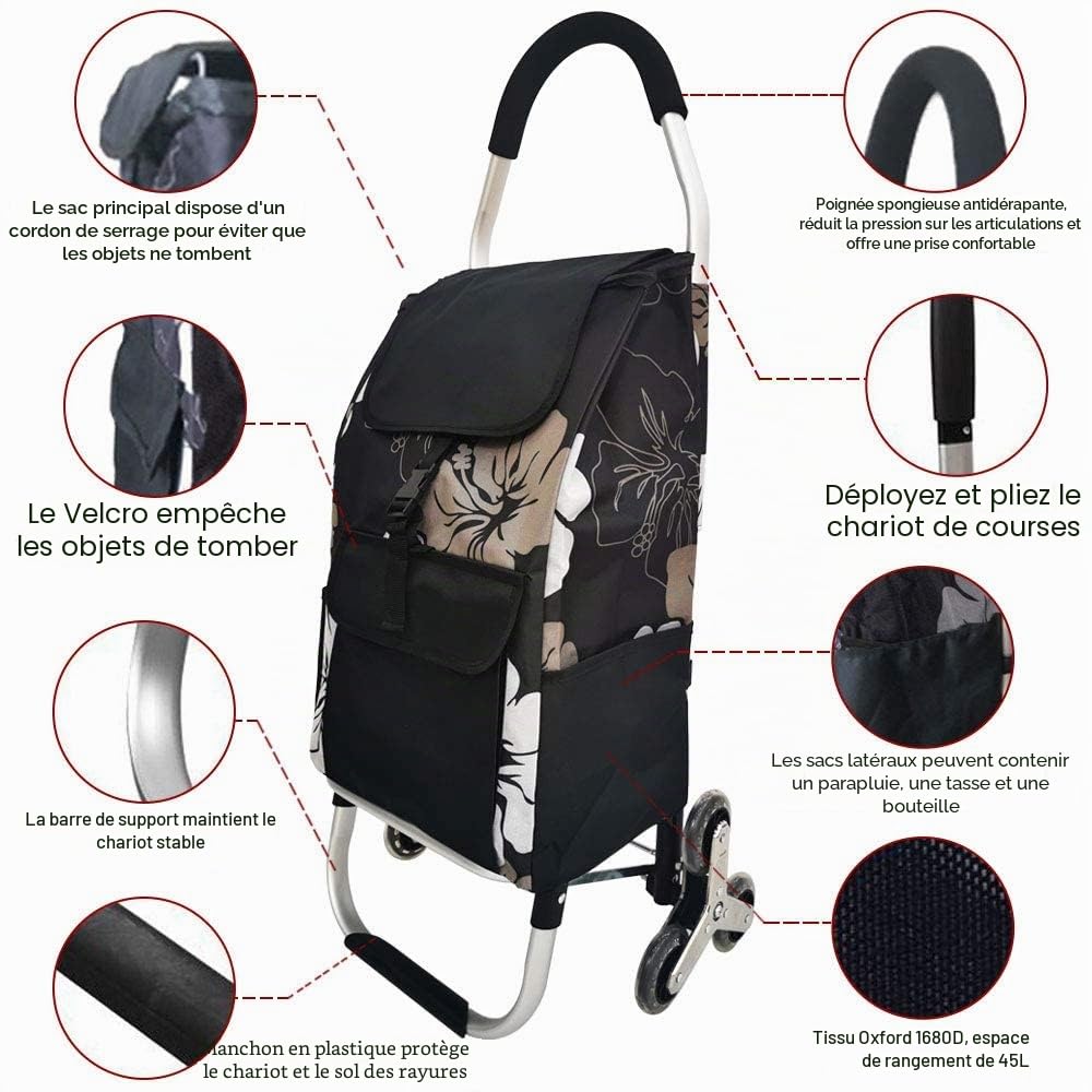 Chariot de Courses à 6 Roues : Caddie | Shopping Trolley Pliable Adapté au Monte-Escalier avec Sac en Toile de Rangement Imperméable & Amovible （Compartiment Isotherme） Fleurs
