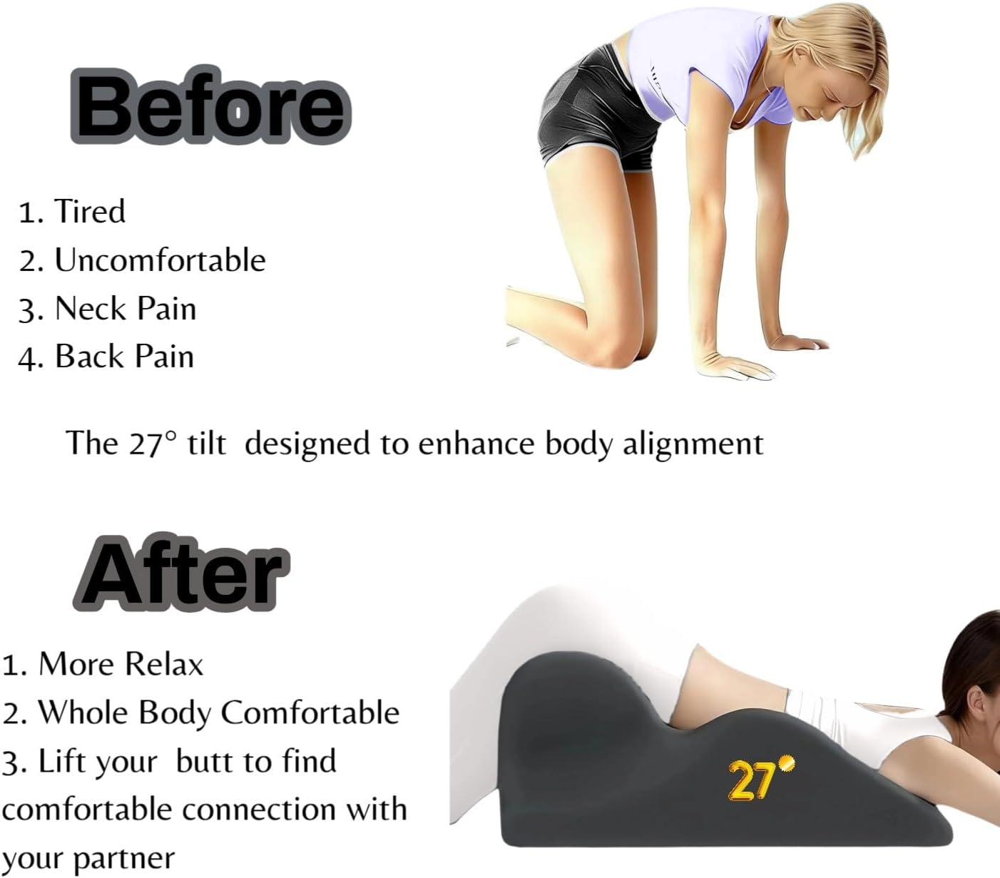 Couples Pillow, Intimacy Wedge Pillow, 27° Angle Support Ergonomic Memory Foam Posture Corrector Hip Back Support, Prone Pillow for Neck and Waist, Sleeping, Reading, Massage Relax