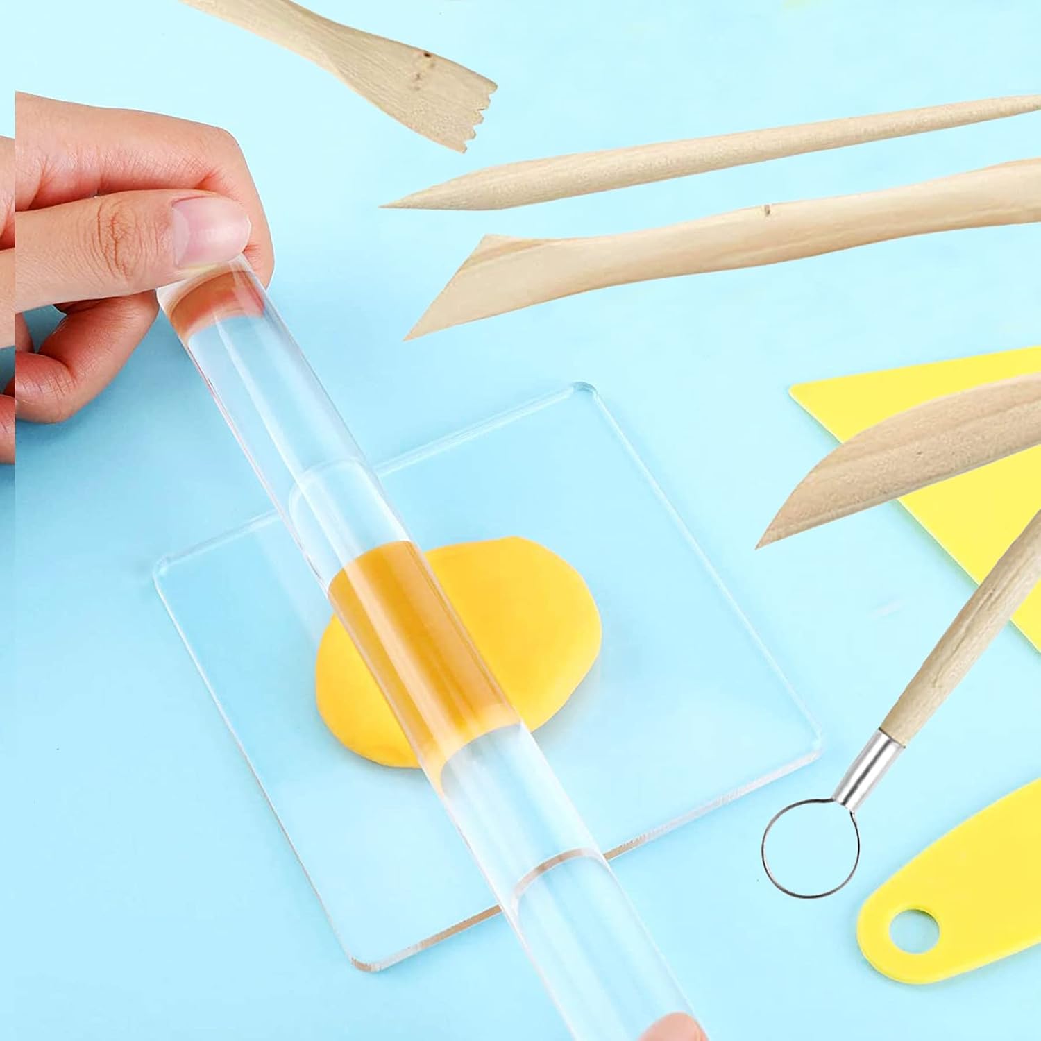 31 PCS Acrylic Clay Roller with Acrylic Sheet, Acrylic Sheet Backing Board, Plastic Scraper, Sculpting Tools, Dabbing Tool, Dot Painting Tool for Shaping and Sculpting