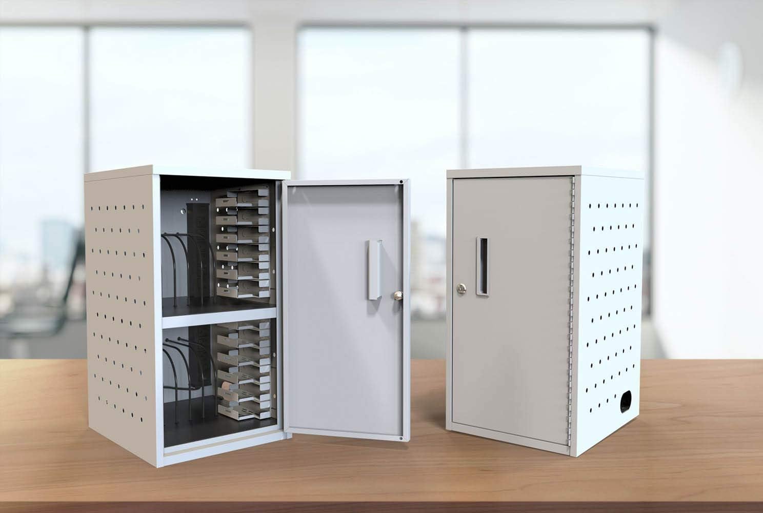 Two Luxor charging boxes, one open showing interior, one closed.