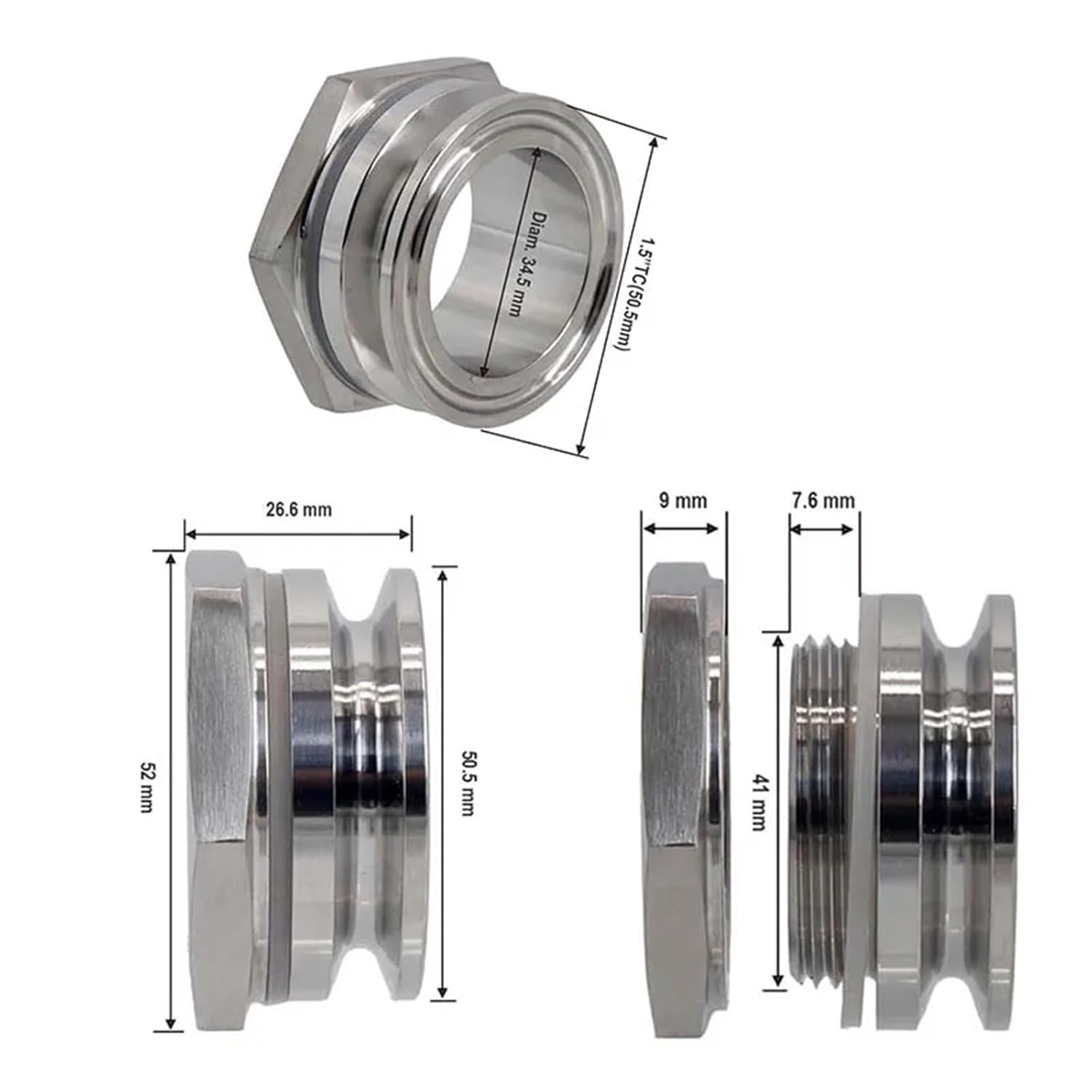 Kettle Retrofit Part Weldless Bulkhead 1.5inch Tri Clamp 304 Stainless Steel Double TC 41mm Hole Required n(41mm Hole Punch)