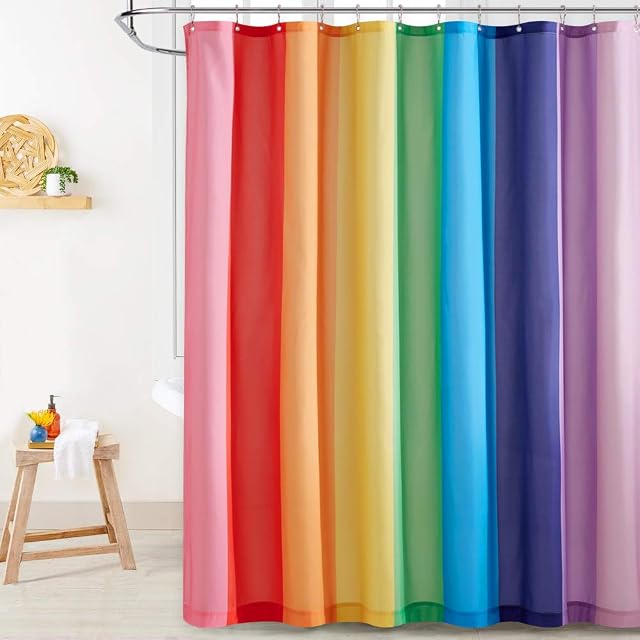 NICETOWN Shower Curtains Mould Proof Resistant - Long Rainbow Waterproof Washable Polyester Fabric for Wet Room/Bathroom, 180 x 180 cm(72 x 72-inch) with 12 Durable Plastic Hooks, Striped Rainbow