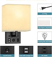 Vista 3 de Juego de 2 apliques de pared negros para dormitorio, aplique de pared enchufable con puertos USB y tomas, lámpara de pared moderna para espejo