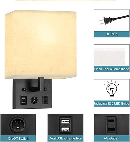 Miniatura 3 de Juego de dos apliques de pared negros, luces de pared de noche para dormitorio, aplique de pared enchufable con puertos USB y tomas, lámpara de