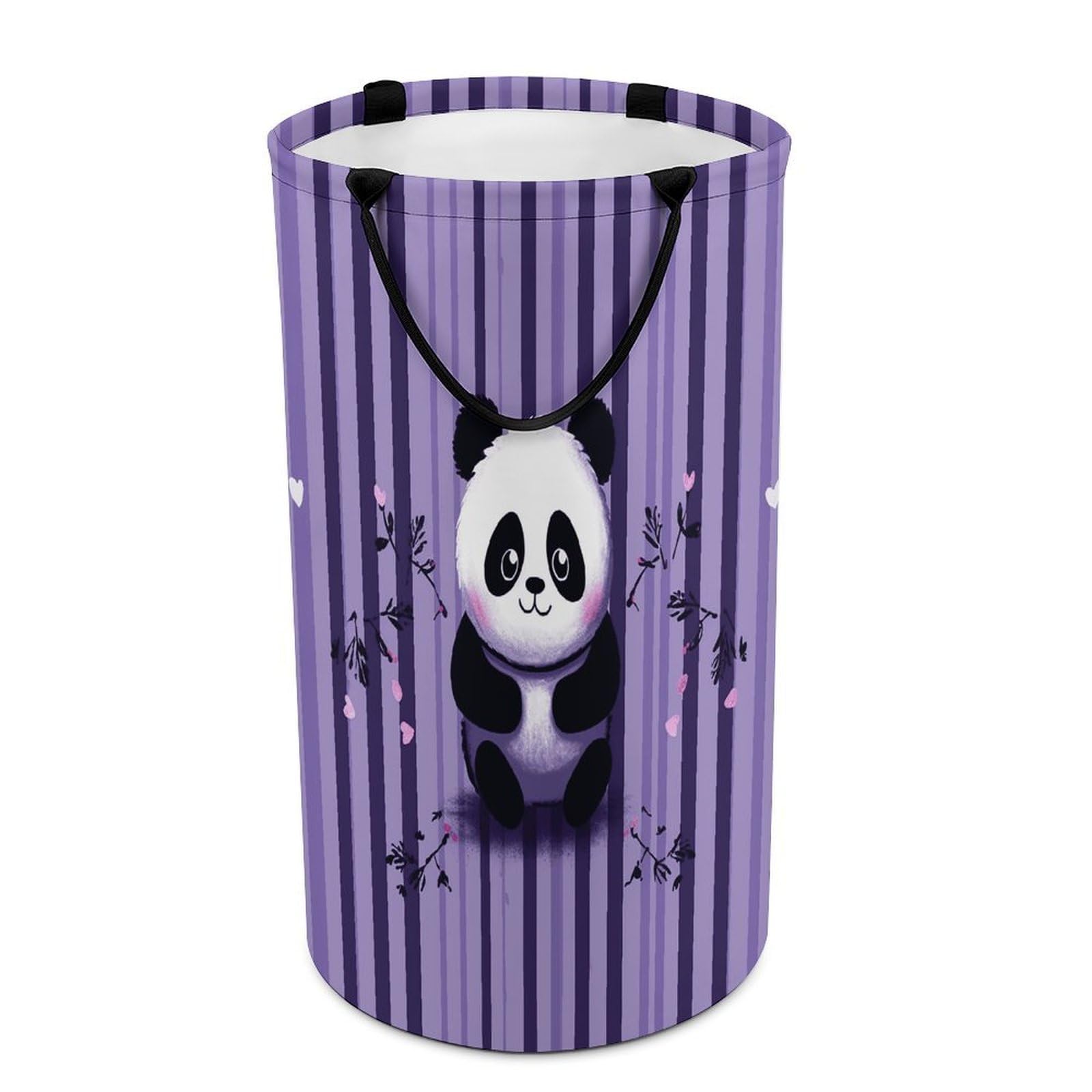 Purple Striped Panda Laundry Hamper Waterproof Polyester Laundry Baskets Collapsible Dirty Clothes Storage Basket Clothes Hampers with Sturdy Handles for Travel Bedroom