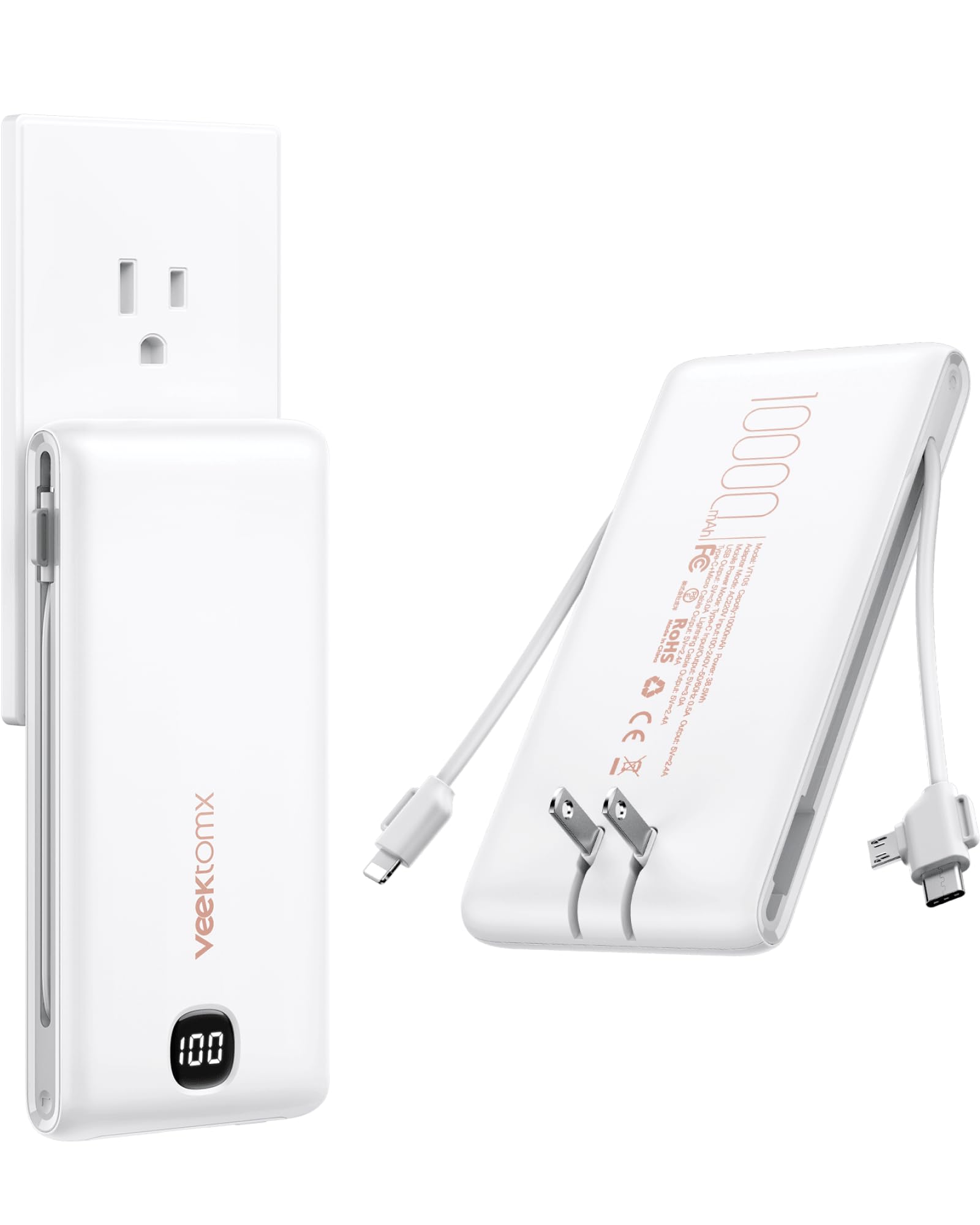 VEEKTOMX Portable Charger with Built-in Cables and AC Wall Plug, 10000mAh