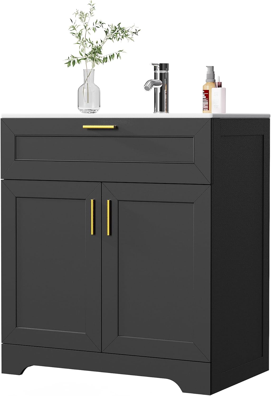 30 inch Bathroom Vanity with Ceramic Sink, Bathroom Sink and Cabinet Combo Set, Wood Vanity with Hidden Storage, Vanity Sinks for Bathrooms, Painted Surface (Black, 30 inch)