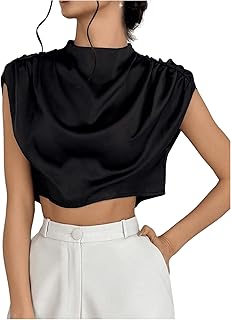 Women's Satin Crop Tops Ruched Mock Neck Cap Sleeve Elegant Blouse Shirt