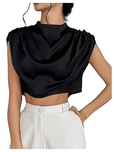 SweatyRocks Women's Satin Crop Tops Ruched Mock Neck Cap Sleeve