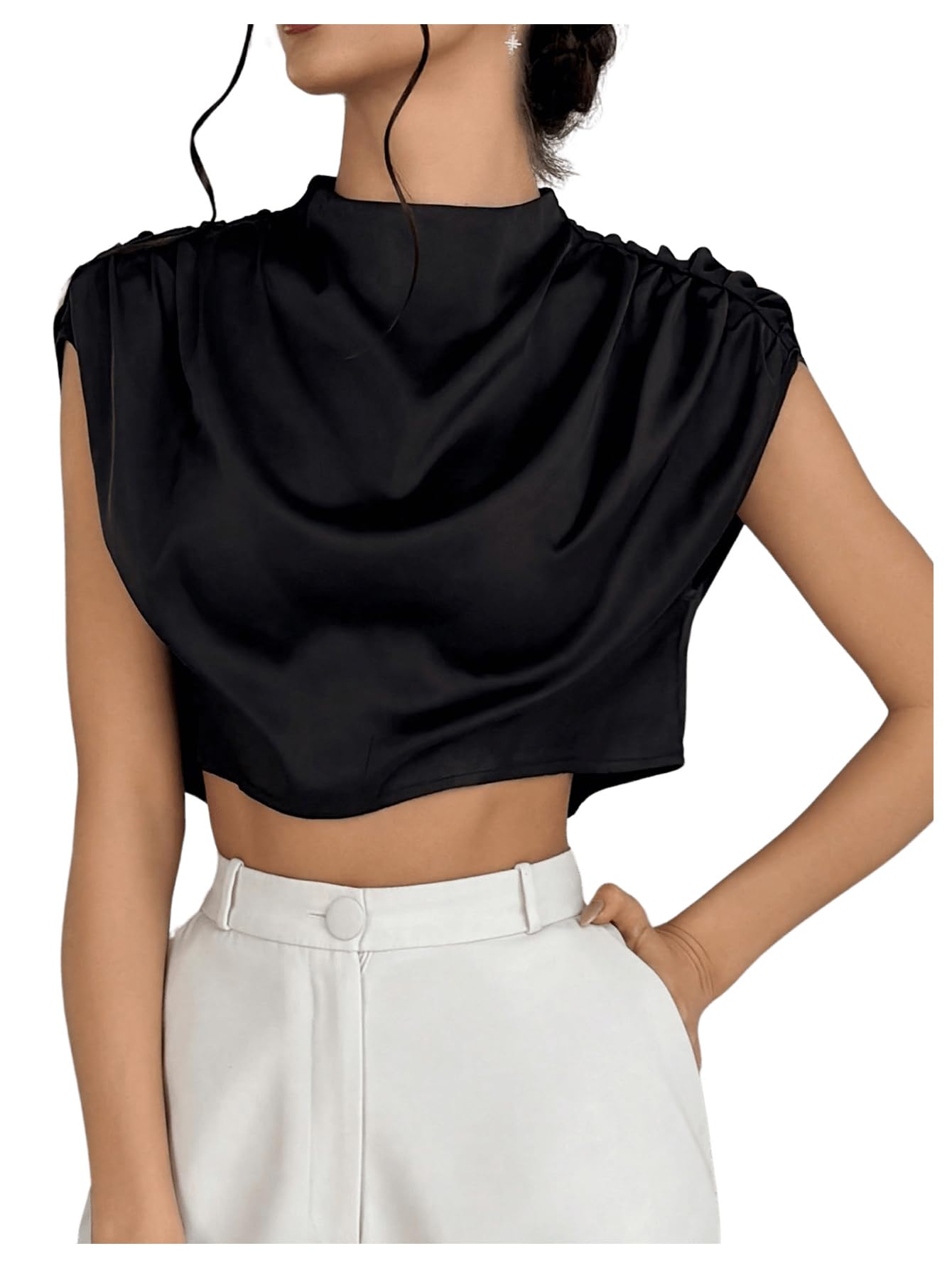 SweatyRocks Women's Satin Crop Tops Ruched Mock Neck Cap Sleeve Elegant Blouse Shirt