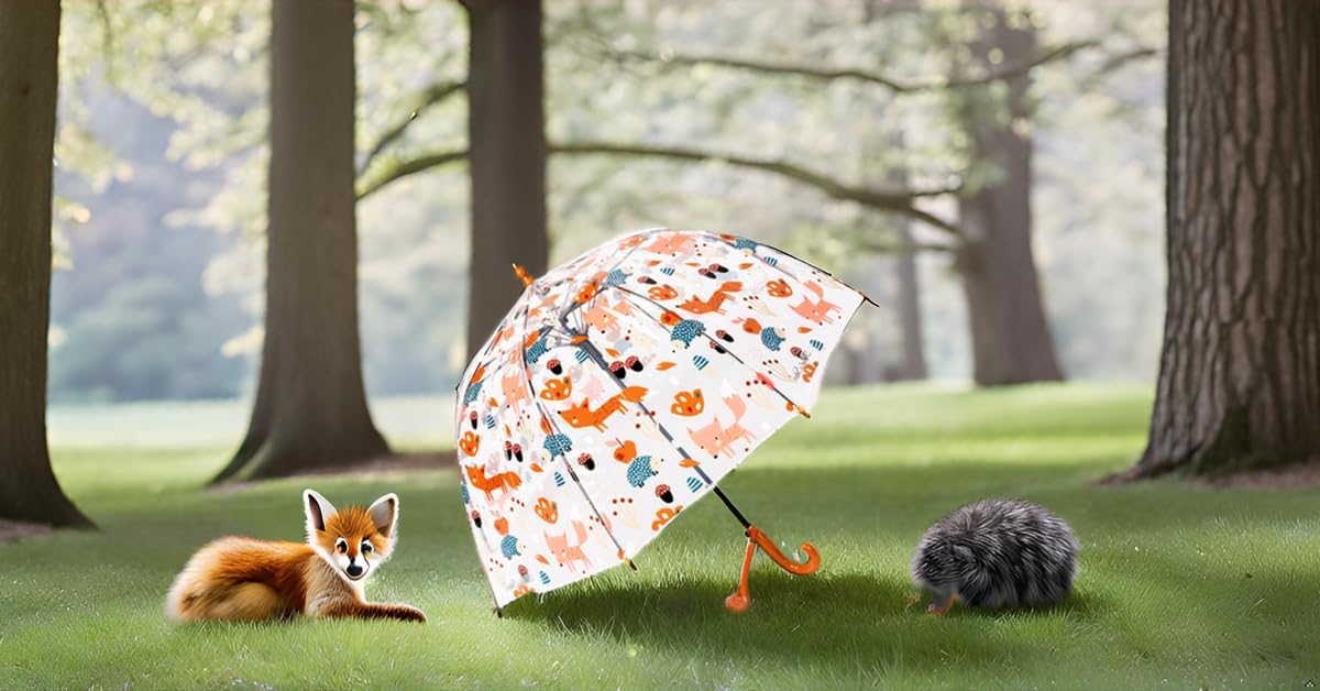 Children's Clear Bubble Umbrella Cute Cartoon Animal Umbrella Fibreglass Frame 8 Bones with Dome Canopy and Lightweight Wind and Rain Protection Long Handle for 3-8 Years Old Kids