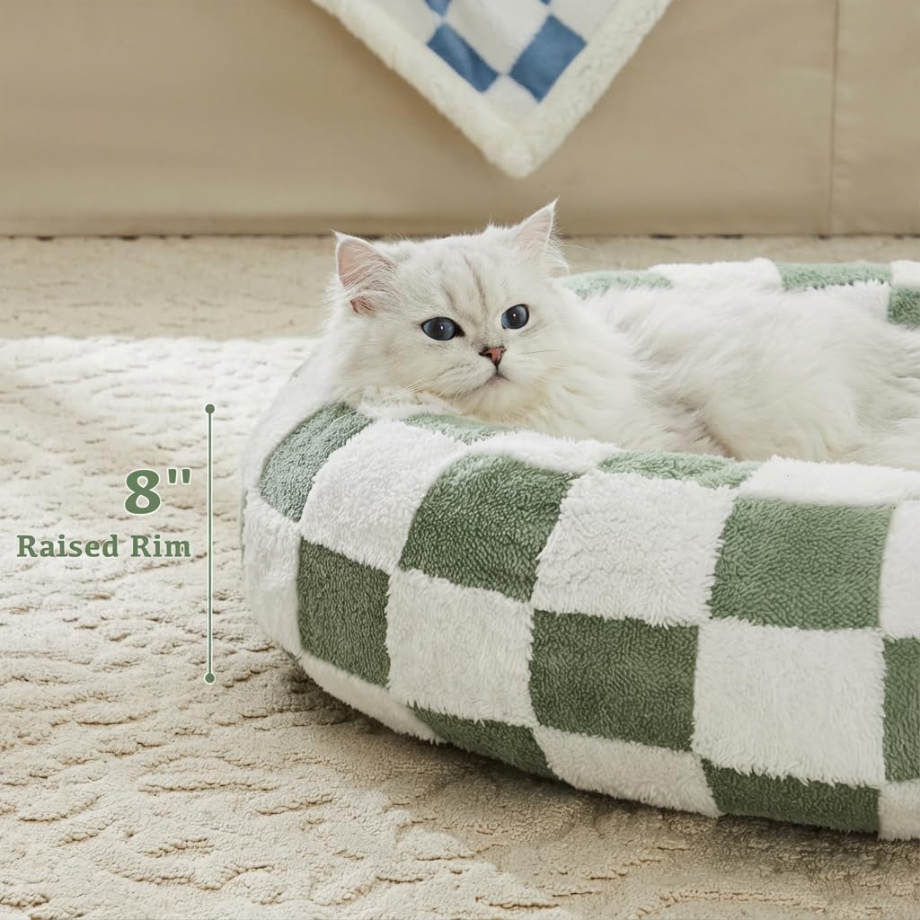 Checkered Cat Dog Bed, Cute Sage Green Retro Style Aesthetic Round Warming Pet Calming Beds for Small Dog and Cats, Plush Cozy Donut Beds Washable, 23" L x 23" W x 8" Th