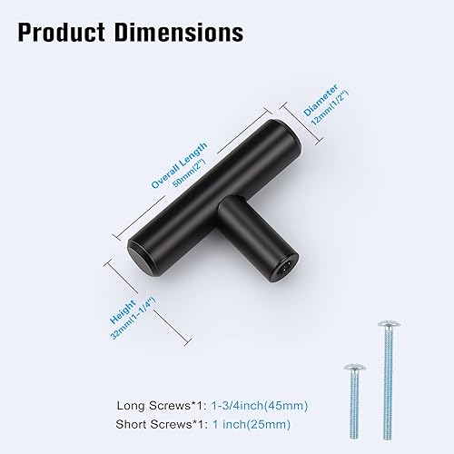 Miniatura 6 de KNOBWELL Paquete de 6 pomos de acero inoxidable sólido para gabinetes de cocina, acabado negro mate, agujero único de 2 pulgadas, pomos negros para