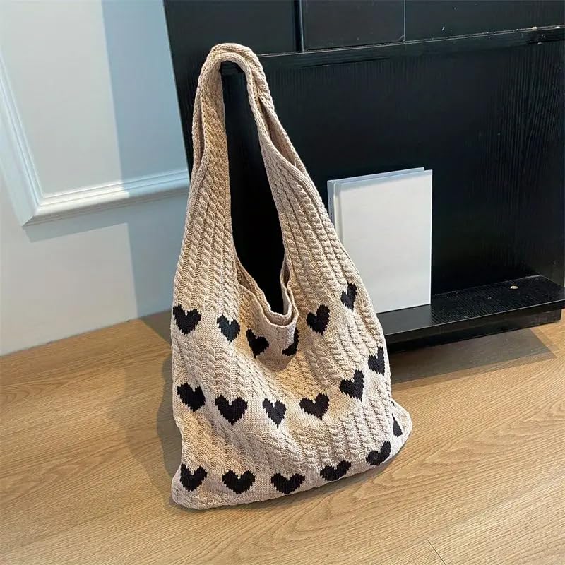 Bolso Tote de Punto con Diseño de Corazón, Casual y Plegable miniatura 3