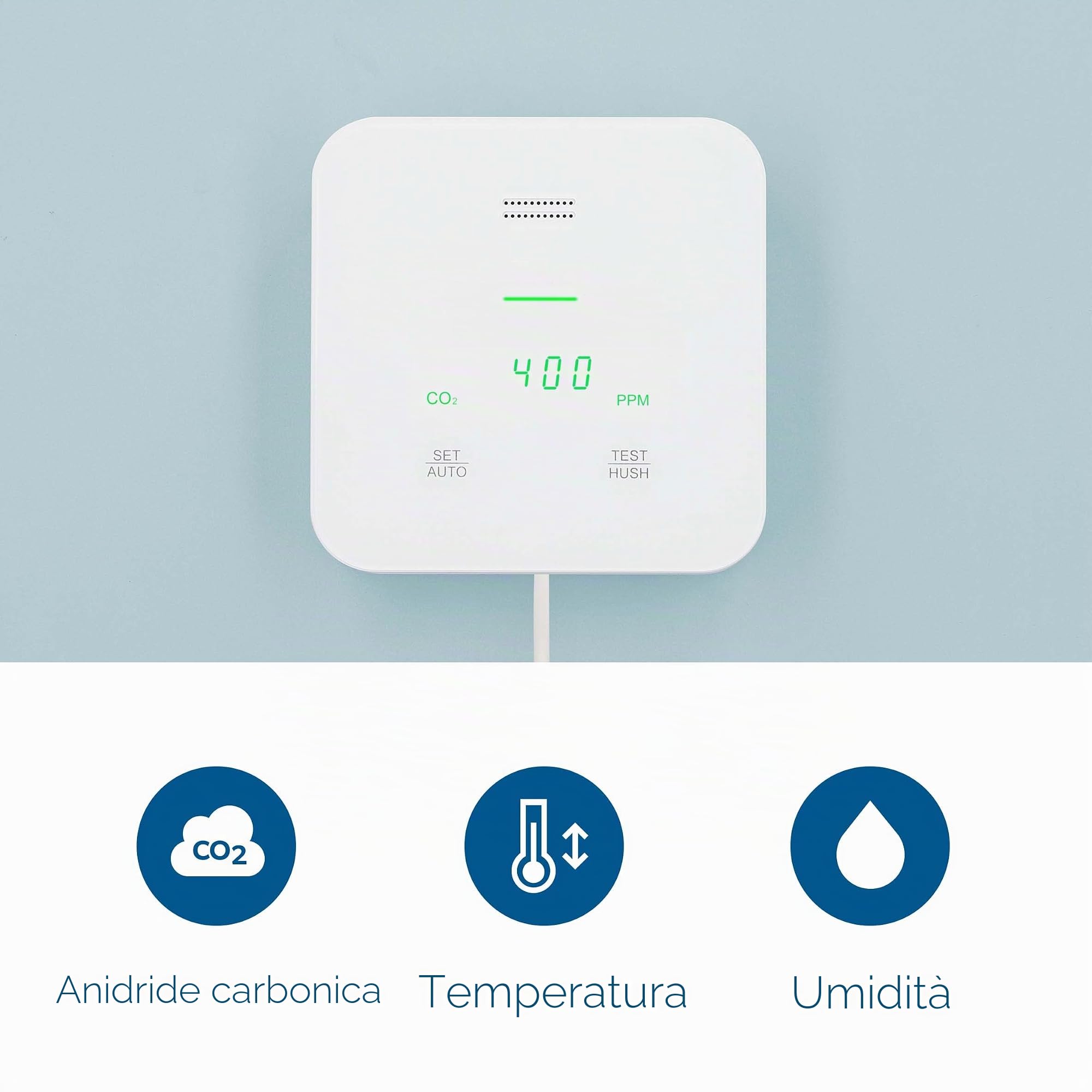 UNITEC Misuratore di CO2, rilevamento di anidride carbonica, rilevamento di temperatura e umidità, con indicatore semaforo e allarme vocale, targa CE