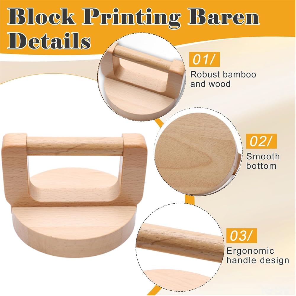 Wood Block Printing Baren and Plastic Printing Baren, Thicker Block Printing Baren Tools Printing Wood Block for Linocut Scrapbooking Crafting Embossing Tool