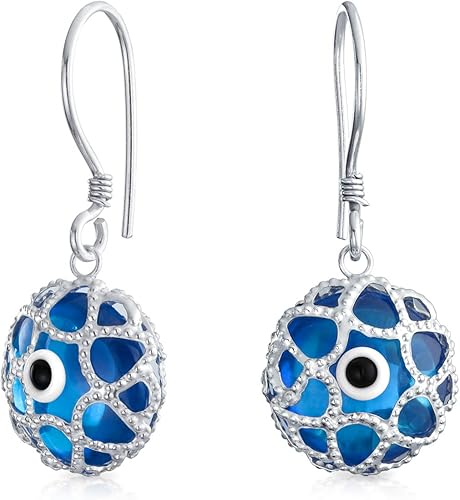Blue Nazar - Aretes redondos de filigrana con protección espiritual para mujeres, adolescentes, cristal de Murano, plata de ley 925