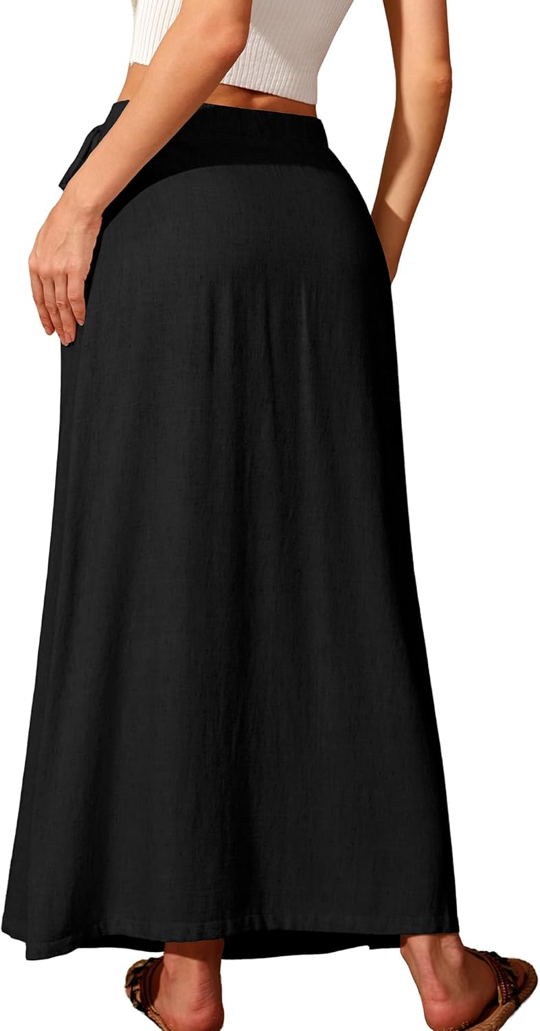 ELLEVEN Linen Wrap Maxi Skirt Elastic Back Waistband Flowy A Line Summer Casual Long Skirt - Image 2