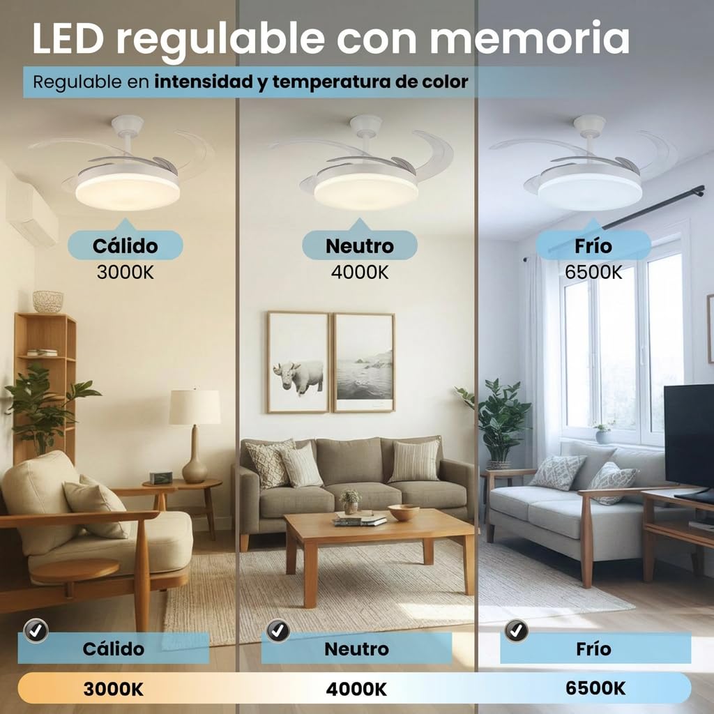 FAN PROJECT Ventilador de Techo Blanco Silencioso con LED - Ventiladores Retractil con Tonos de Luz y Función Verano e Invierno con APP - 30 W Motor DC con 4 Aspas (1) - 3