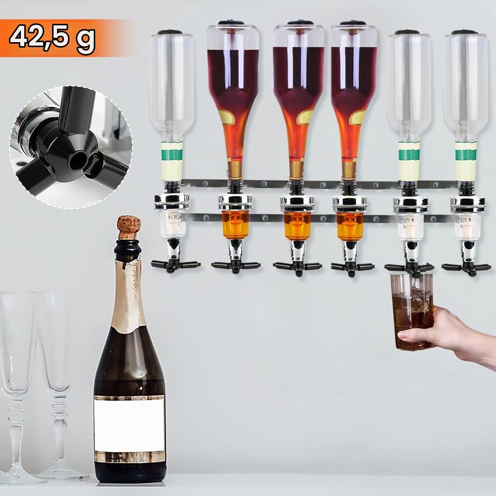 Distributeur de Boissons, 6 Porte Bouteille Mural, Doseur Alcool Mesures Dosage 25-45ml, Bouteilles de Bar Support pour Cocktail, Bière (Argent, 6 Porte)