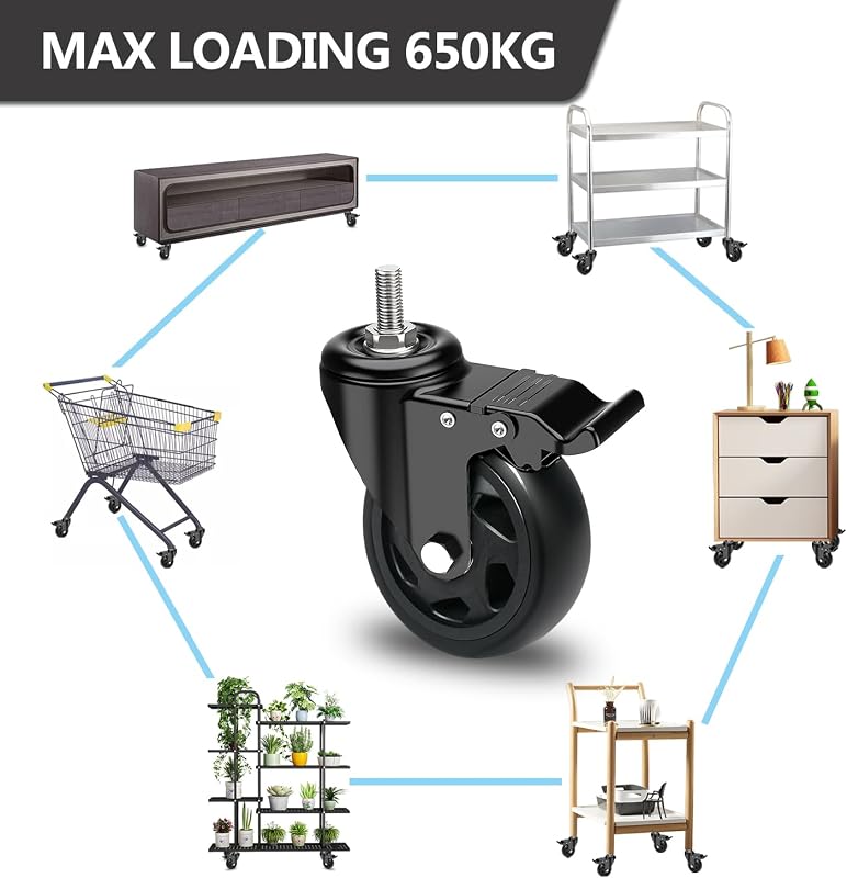RRIUTO 125 mm Forgó Bútor Görgő Fékezéssel, 650 kg Terhelhetőség, 4 db Nehéz Kivitelű Görgő