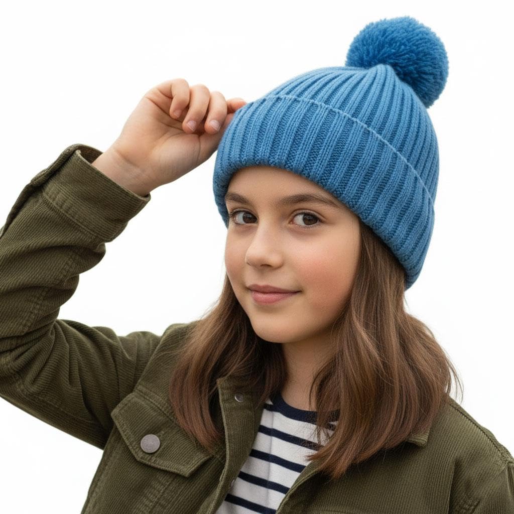 A2Z 4 Kids Girls Boys Hats Ribbed Knitted Bobble Pom Pom Beanie - Hat KH1025 Blue 3-6