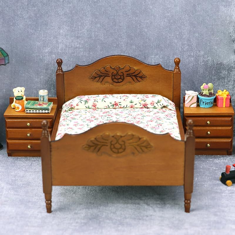 AirAds 1:12 Scale Dollhouse Miniature Bedroom Furniture Brown Bed with 2 nightstands (Set 3) Dolls Bed Dollhouse Decoration