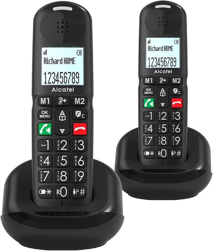 ALCATEL XL685 Duo - Teléfono Fijo inalámbrico DECT Senior Formato XL - Pantalla gráfica de Alta legibilidad - Teclas Grandes - Audio Boost - Manos Libres - Bloqueo de Llamadas - 2 teléfonos - Negro