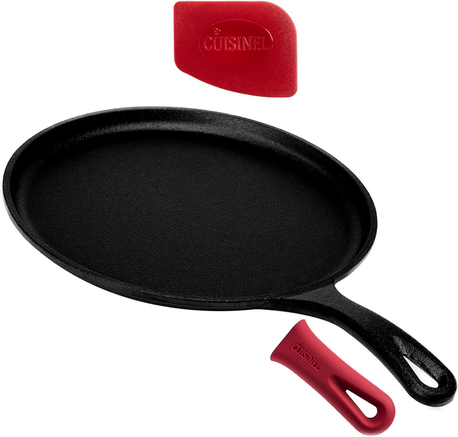 Cast Iron Round Griddle ââ‚¬â€œ 10.5ââ‚¬Â Pan - Pre-Seasoned Skillet with Silicone Handle Grip ââ‚¬â€œ Grill, Oven, Stove Top and Induction Safe
