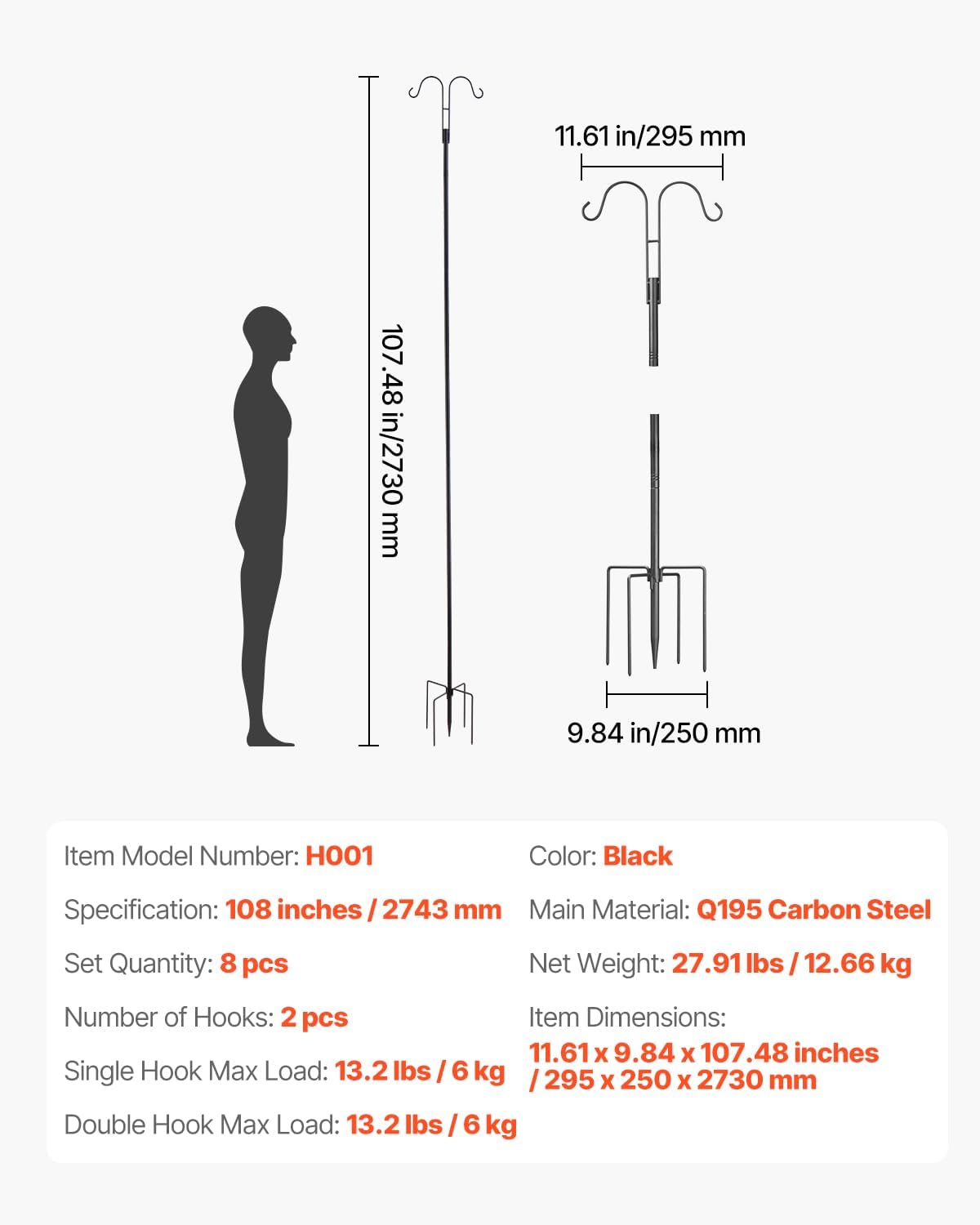 VEVOR Double Shepherds Hooks for Outdoor, 8 Pack 108 Inch Heavy Duty Bird Feeder Pole, 3/4 Inch Thick Garden Hooks for Hanging Hummingbird Feeder, Plant Baskets, Solar Light Lanterns,Wind Chimes