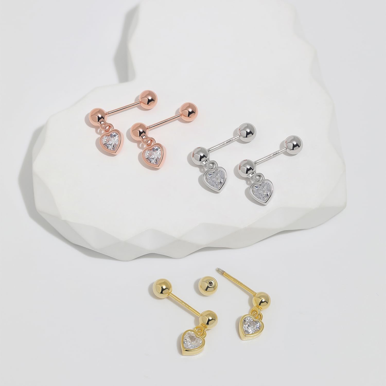 Meissa Birthstone Earrings for Women Girls Baby Screw Back Heart Diamond Earrings Dangle Drop Hypoallergenic Silver Ball Back Earrings Christmas Gifts