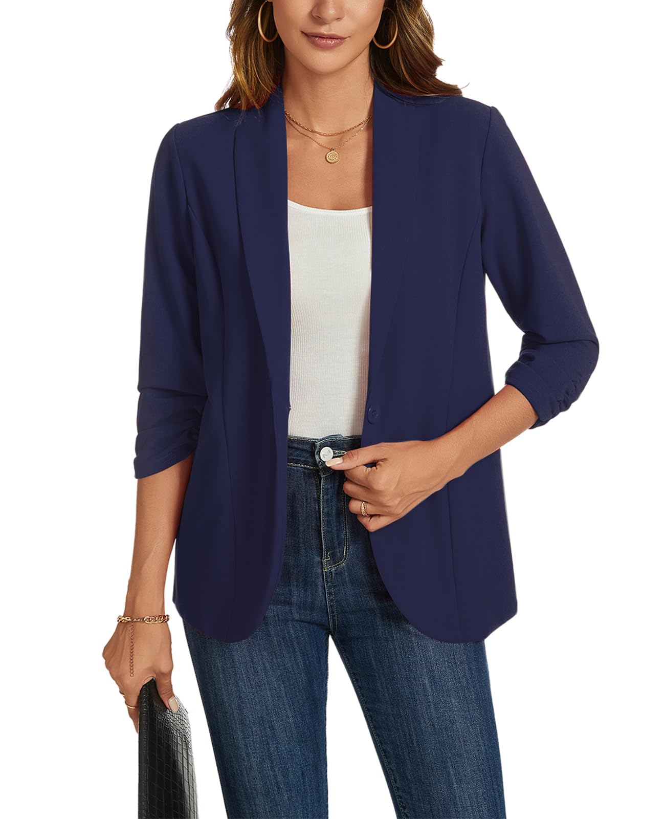 Blazers for Women 3/4 Ruched Sleeve Shawl Collar Lightweight Work Casual Blazer Open Front Suit Jackets