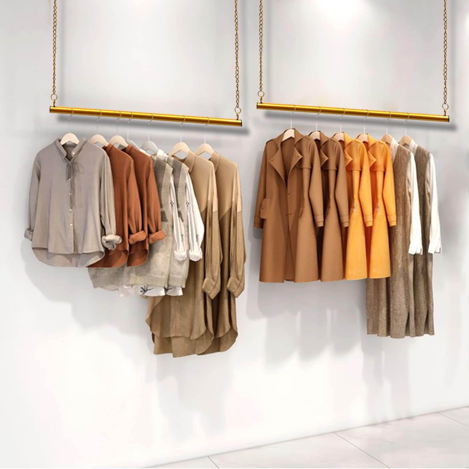 2 Pcs 36" Adjustable Height Hanging Clothes Rack Boutique Retail Display Gold Garment Rack Ceiling Hanger Commercial Wedding Dress Clothing Store Creative Metal Chain Ceiling Clothes Storage Hanger