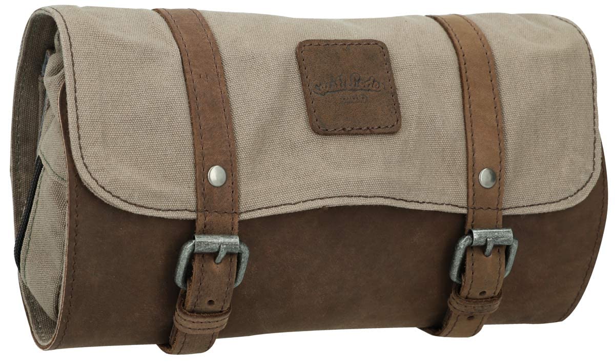Gusti Waschtasche Leder - Rodney Damen und Herren Kulturtasche zum Aufhängen Kosmetiktasche Kulturbeutel Reise Schminktasche Organizer Toilettenartikel Canvas Khaki Leder