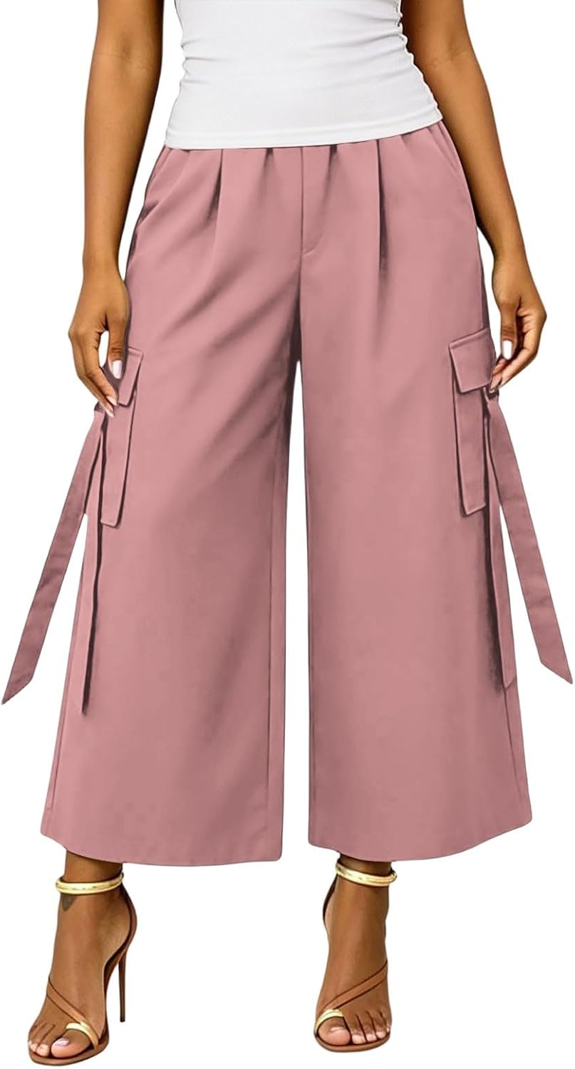 High Waist Baggy Wide Leg Cargo Capris, Pocketed Cropped Bottoms Suitable for Womens Casual Lounge Daily Use