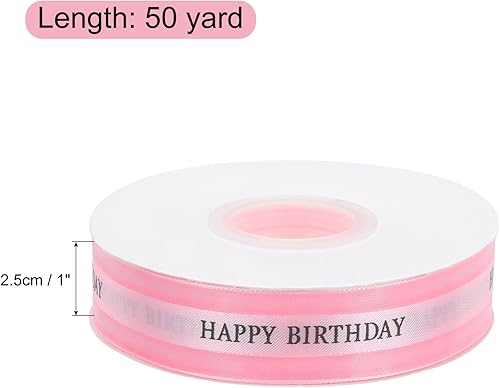 Miniatura 2 de MECCANIXITY Cinta de satén de 1 pulgada de feliz cumpleaños, 50 yardas, color rosa claro, lazo decorativo para regalo de cumpleaños, caja de tartas,