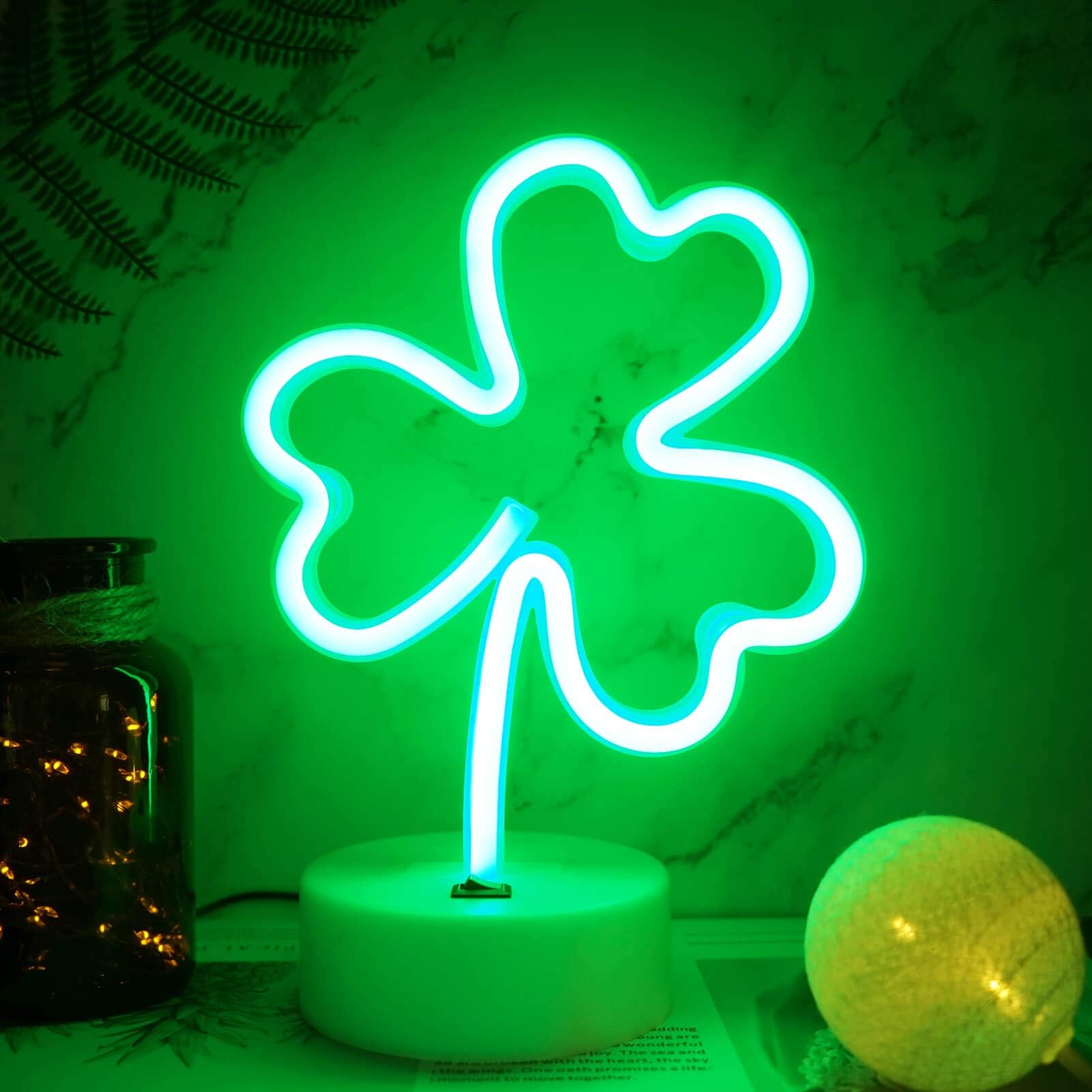 Clover LED Neon Lamp, Shamrock Decorations for St Patricks Day, USB/Battery Operated Green Neon Lights, Night Light for Bedroom, Festival