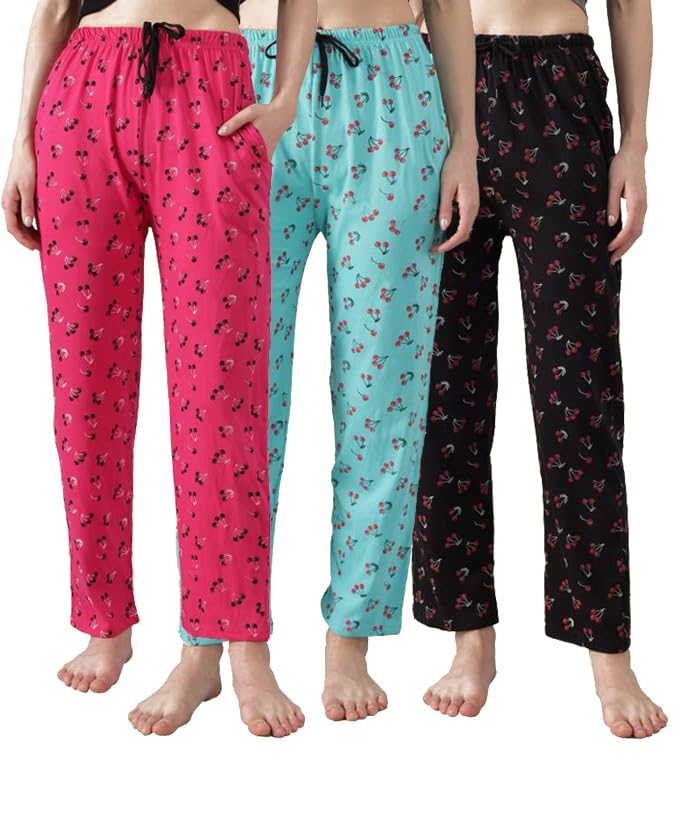 Image of Women's Cotton Pyjama, Drawstring Waist with Pockets, Soft Comfortable Sleepwear - (Pack of 3)