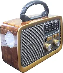 Rádio Retrô A-3188 com Bluetooth USB Cartão SD Auxiliar AM FM SW Bateria Recarregável e Lanterna Embutida Portátil (Marrom)