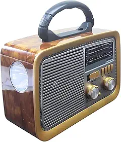 Rádio Retrô A-3188 com Bluetooth USB Cartão SD Auxiliar AM FM SW Bateria Recarregável e Lanterna Embutida Portátil (Marrom)