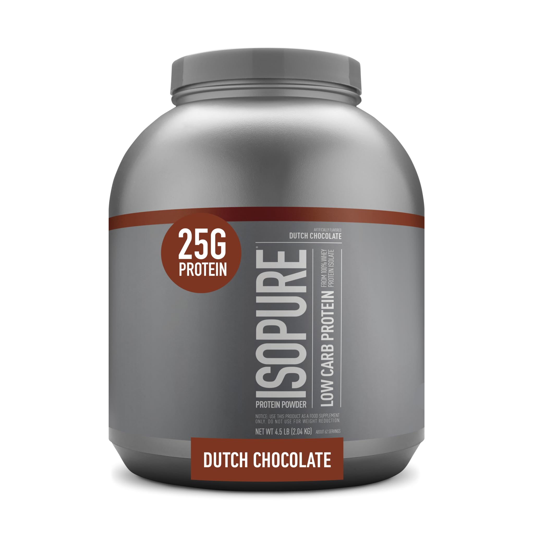 Isopure Low Carb 100% Pure Whey Isolate Protein Powder, Lactose Free, Gluten Free, With Vitamins, Dutch Chocolate, 25g Protein Per Serving, 4.5 Lbs, 62 Servings
