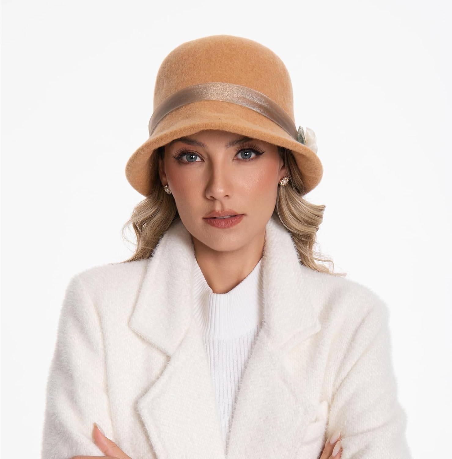 Elegant Wool Felt Flowers Bucket Hat, Women Vintage Cloche Floral Fedora Hat, Ladies Wedding Dress Church Hat