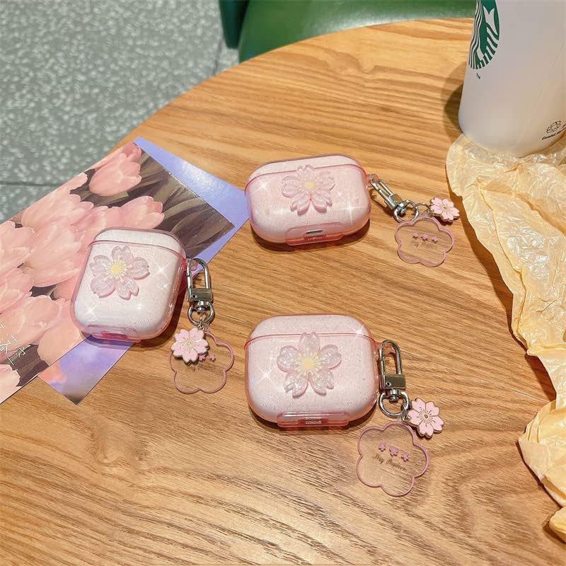 Miniatura 4 de Funda con diseño de flor de cerezo para AirPod Pro de 2 generación con bonito llavero floral, bonito y brillante, TPU suave, a prueba de golpes,