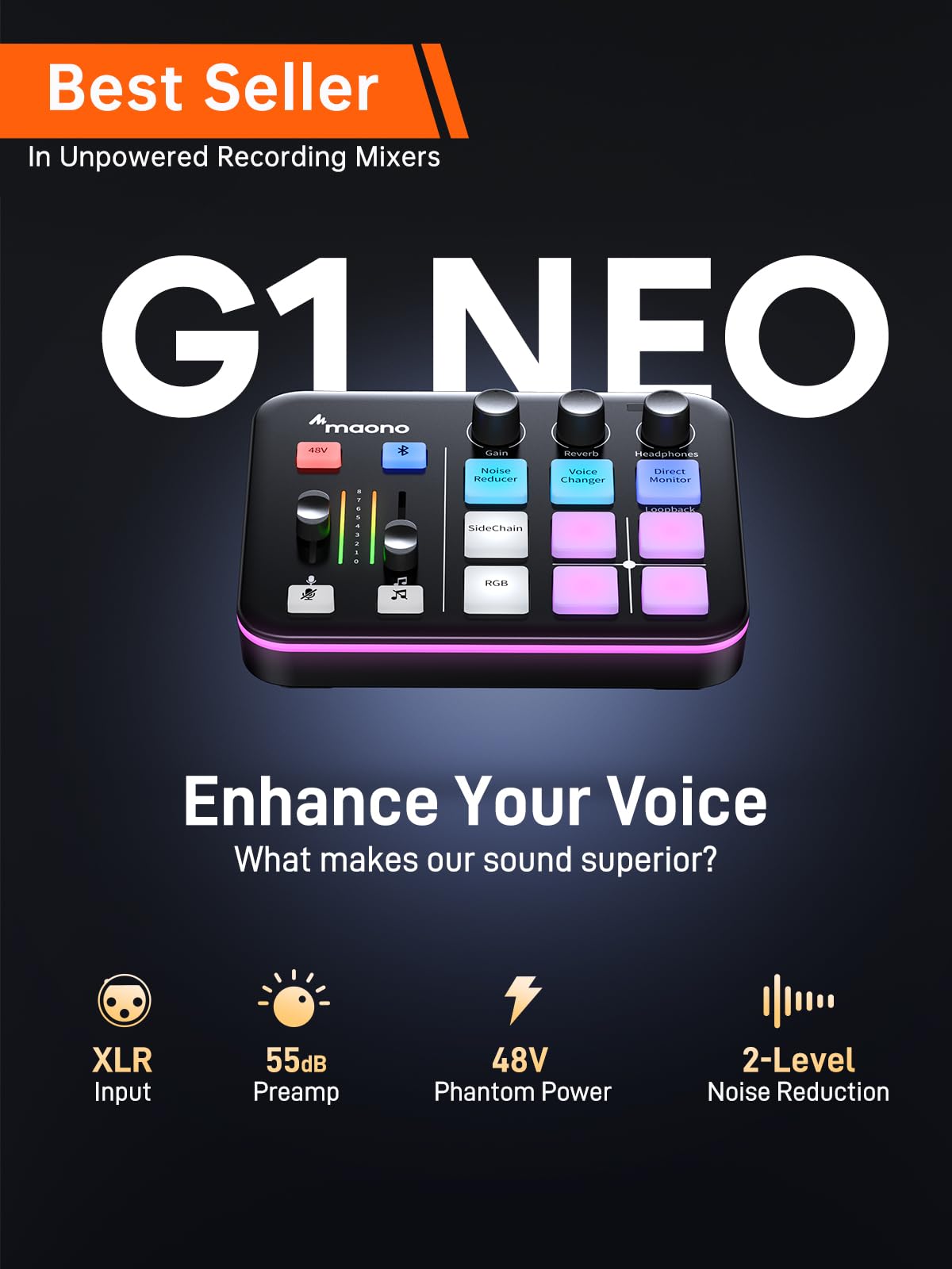 MAONO Gaming Audio Mixer, Audio Interface with Pro-preamp, RGB, Bluetooth, 48V Phantom Power for Live Streaming, Podcasting, Content Create, Gaming MaonoCaster G1 NEO (Not for USB Mic)